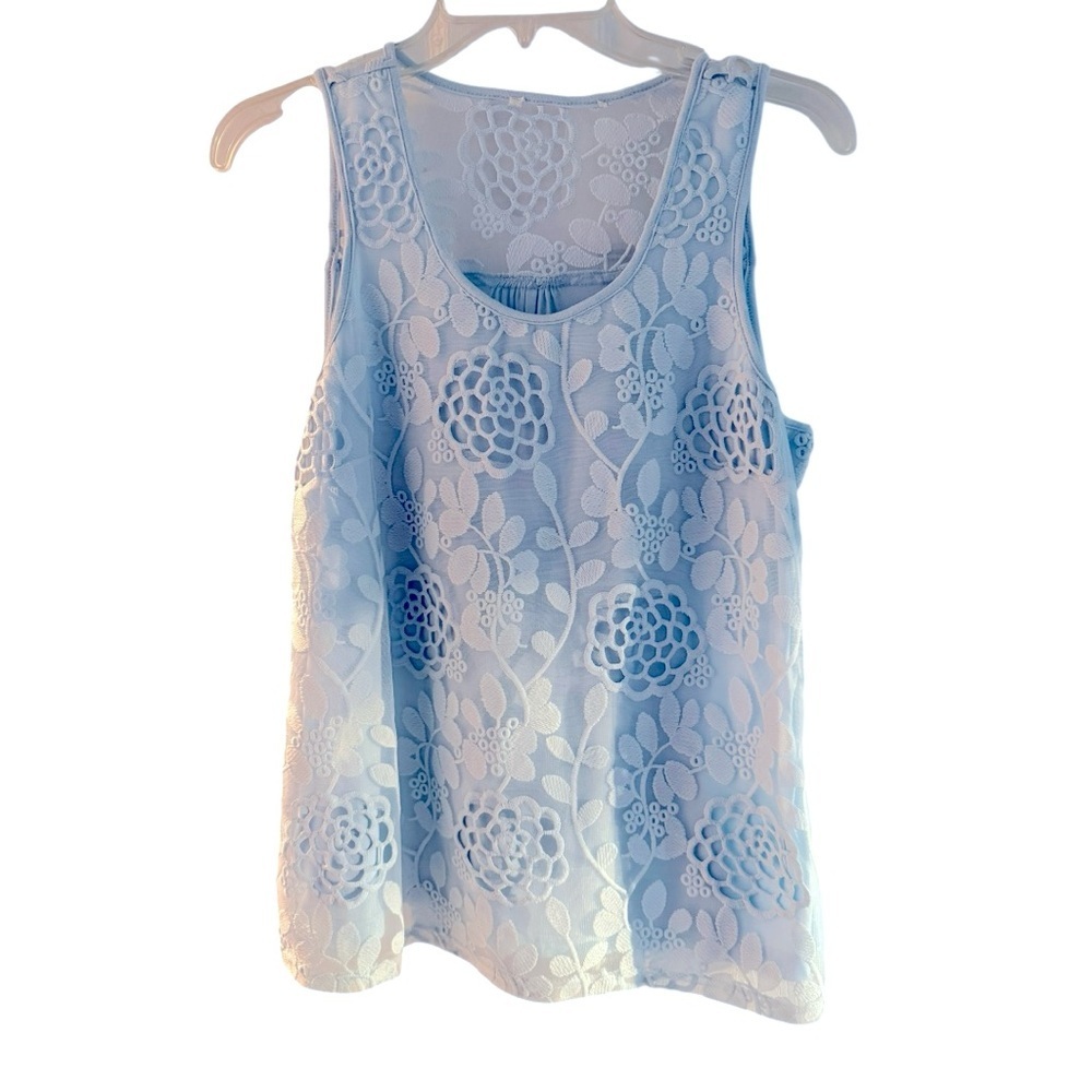 Floral Lace Sleeveless Top light Blue back is comfortable Viscose knit lined M